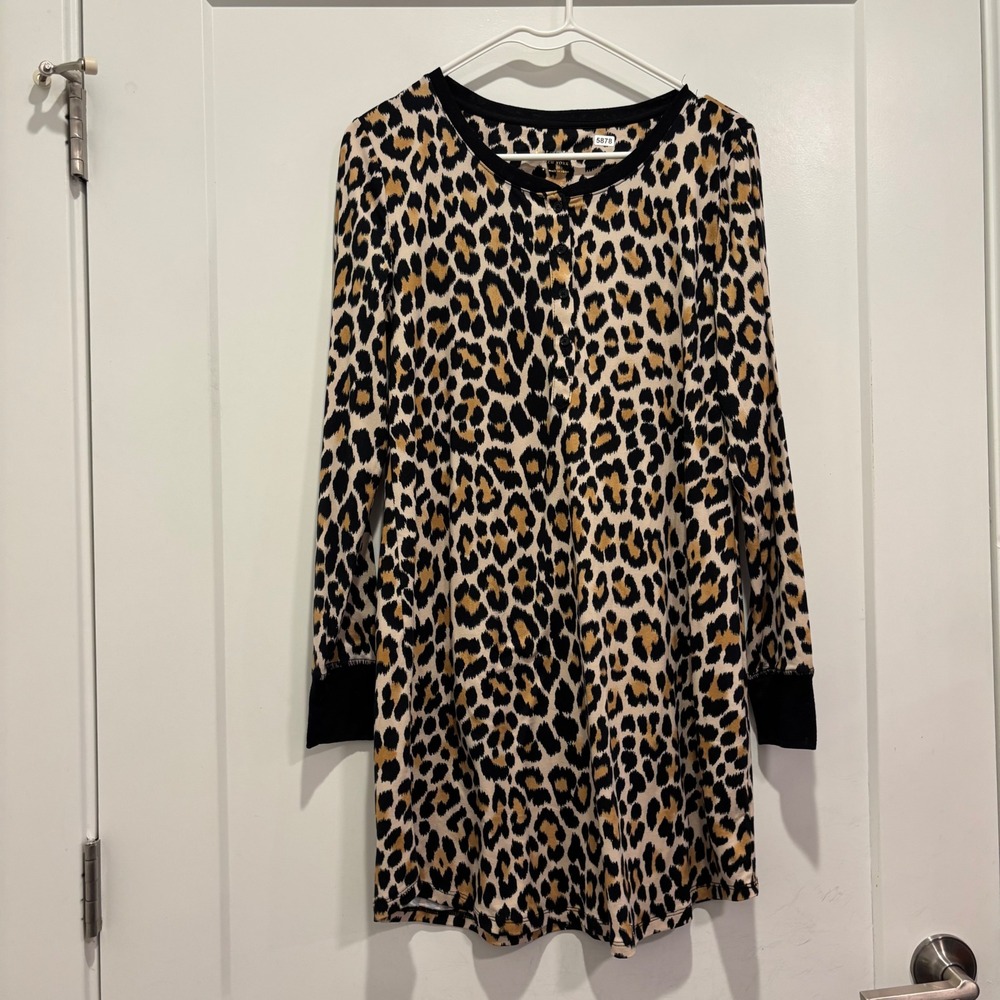 Kate Spade New York Leopard Print Long Sleeve Sleep Shirt Dress Tan Black Small